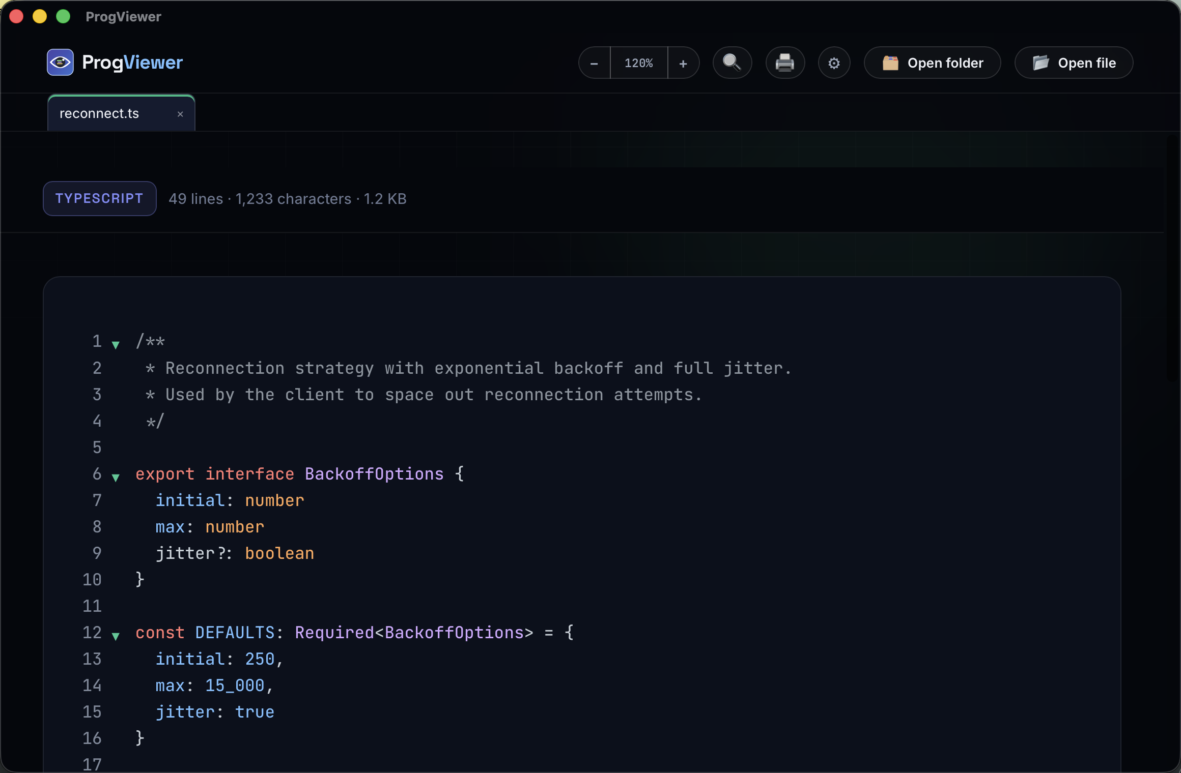 A TypeScript file in ProgViewer, with line numbers and syntax highlighting.