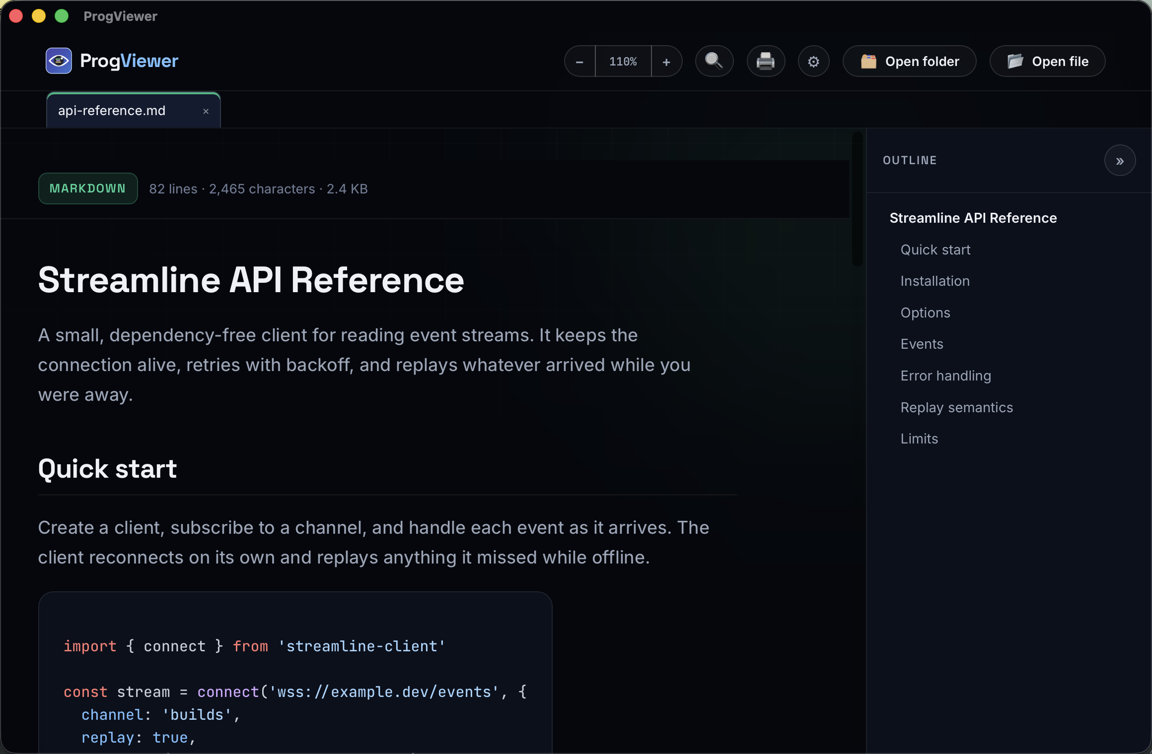 The ProgViewer window with a Markdown document open, outline on the right and a highlighted code block.